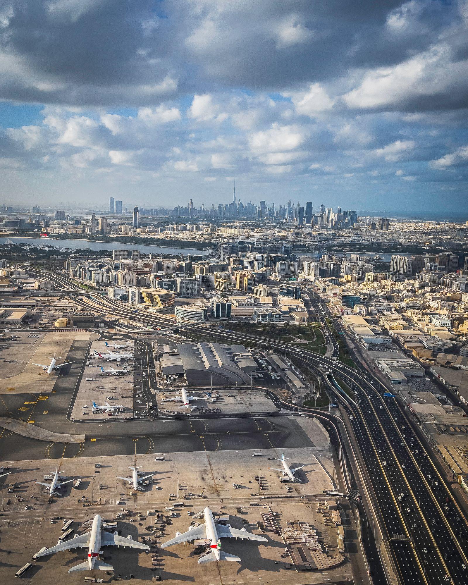 Dubai International Airport, with the skyline behind